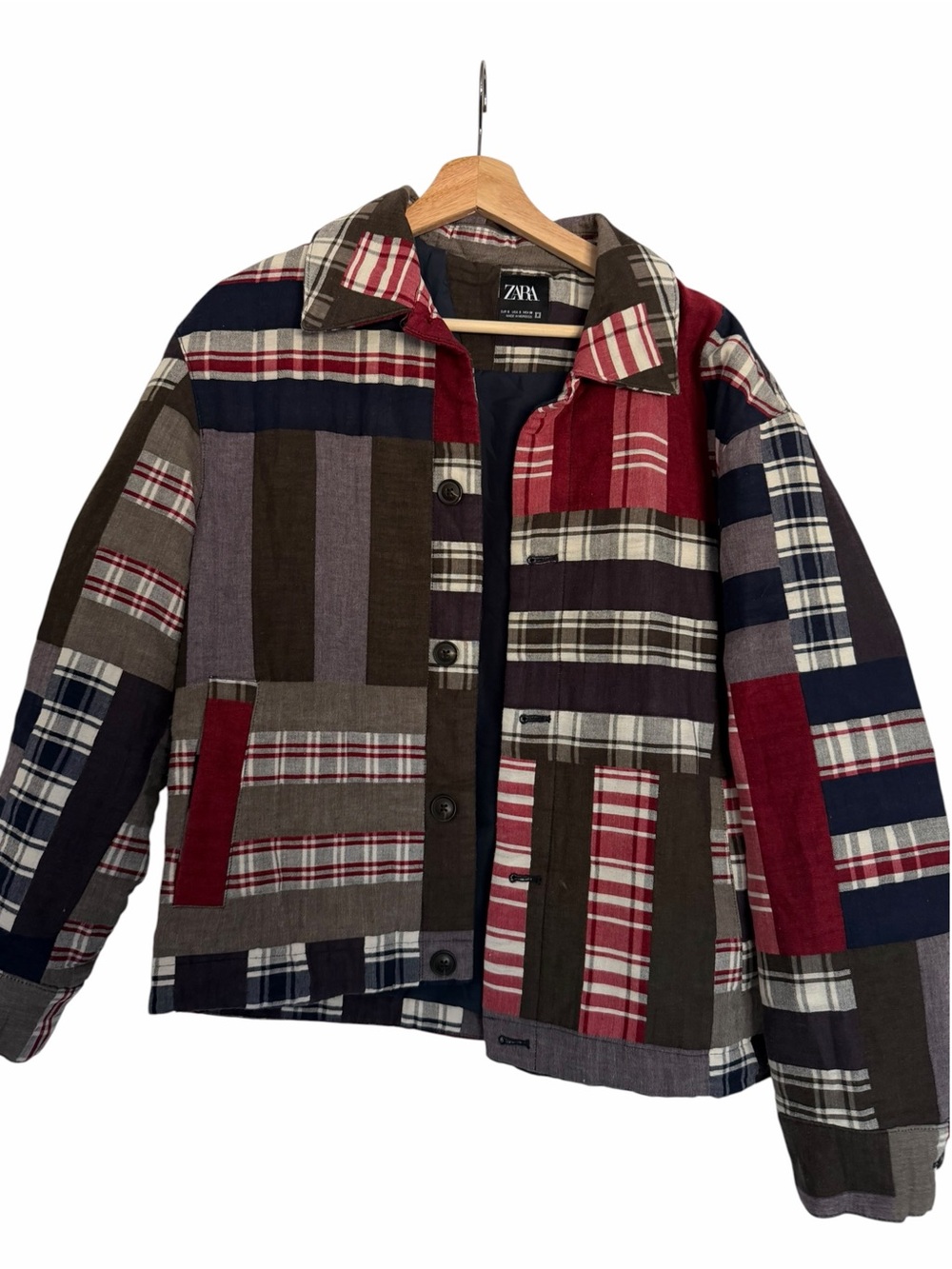 Zara Mens Small Patchwork Plaid Chore Jacket Red Navy Brown Workwear